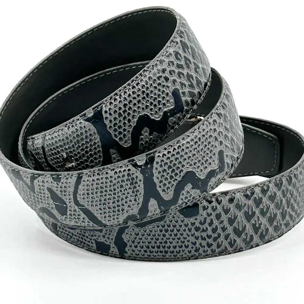 Vintage 90s Gray Black Genuine Leather Snakeskin Embossed Gold Buckle Belt